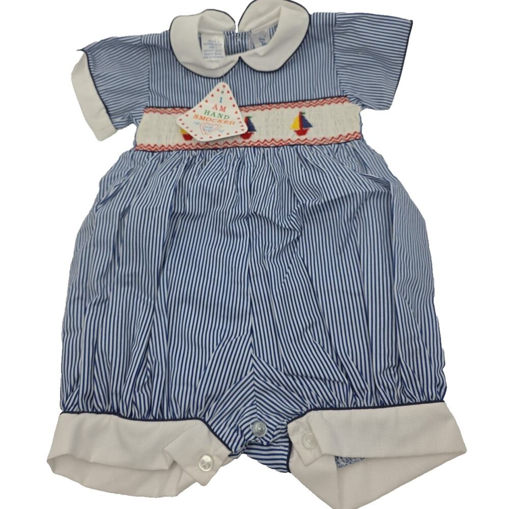 Vintage Smocked Bubble Romper Baby Girls Boys 12M NWT NEW Sailboats Easter Gift